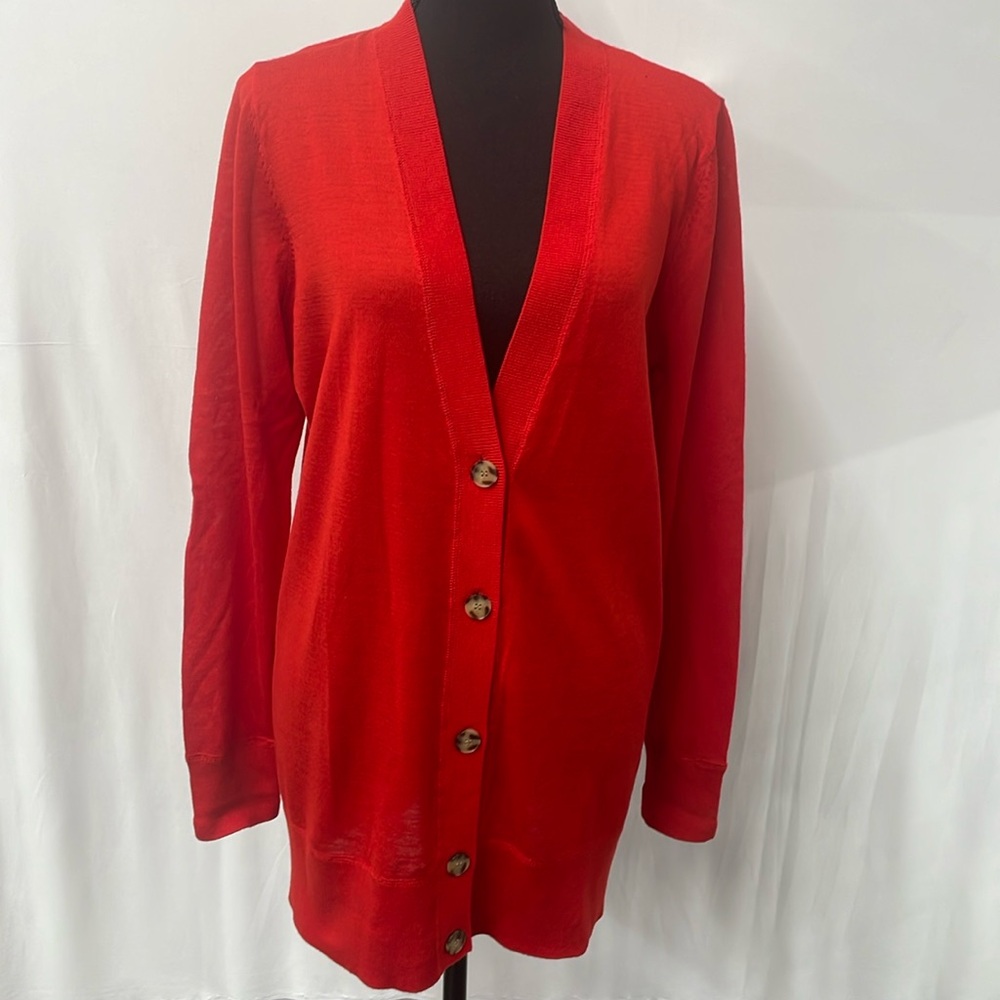 Loft bright red button closure cardigan, lightweight, wool blend, size Large